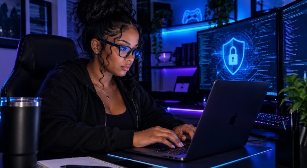 Cybersecurity Awareness Month image of a woman business owner working on a laptop with a security shield on her screen