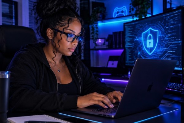 Cybersecurity Awareness Month image of a woman business owner working on a laptop with a security shield on her screen