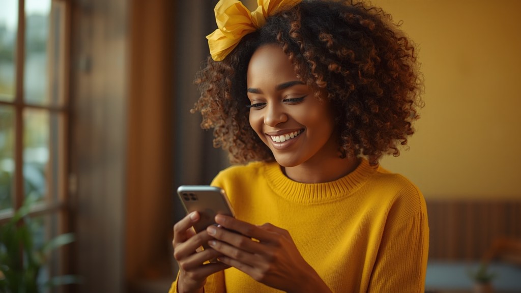 Smiling woman looking at her phone in a bright, sunlit room with yellow accents