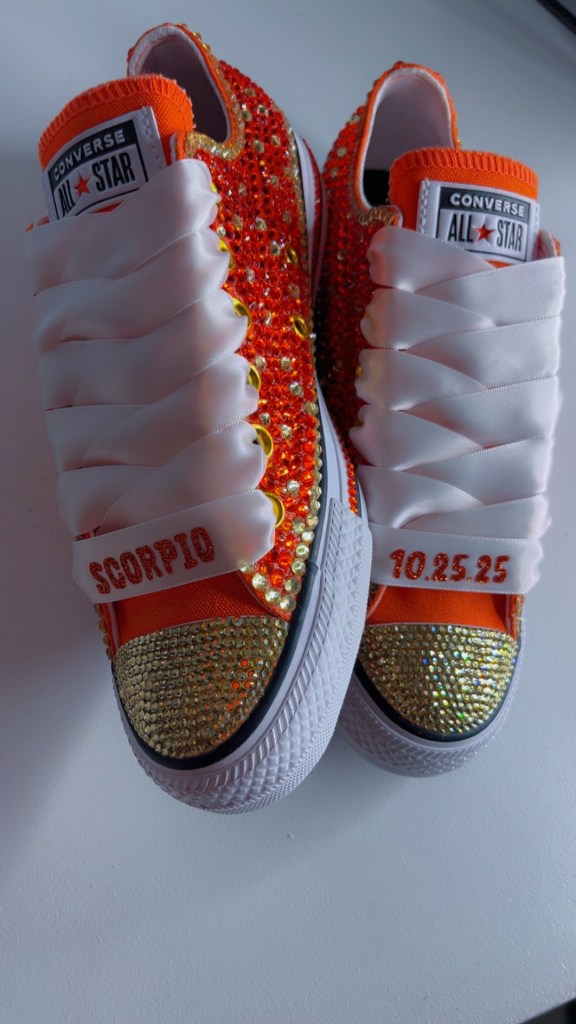 Custom orange and gold Scorpio birthday sneakers by UniqueLee Creations