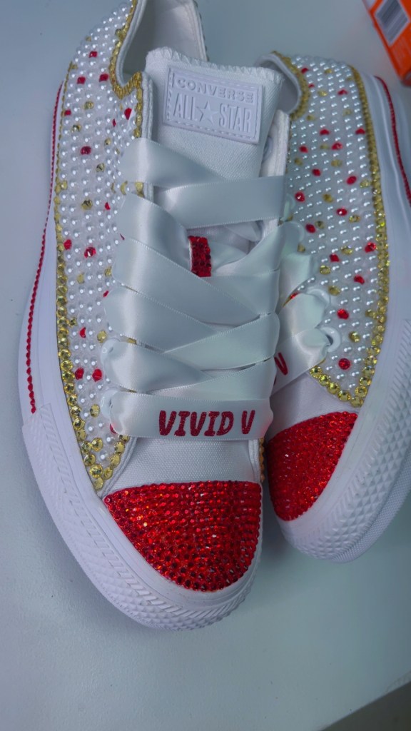 Custom pearl, gold and red rhinestone sneakers by UniqueLee Creations